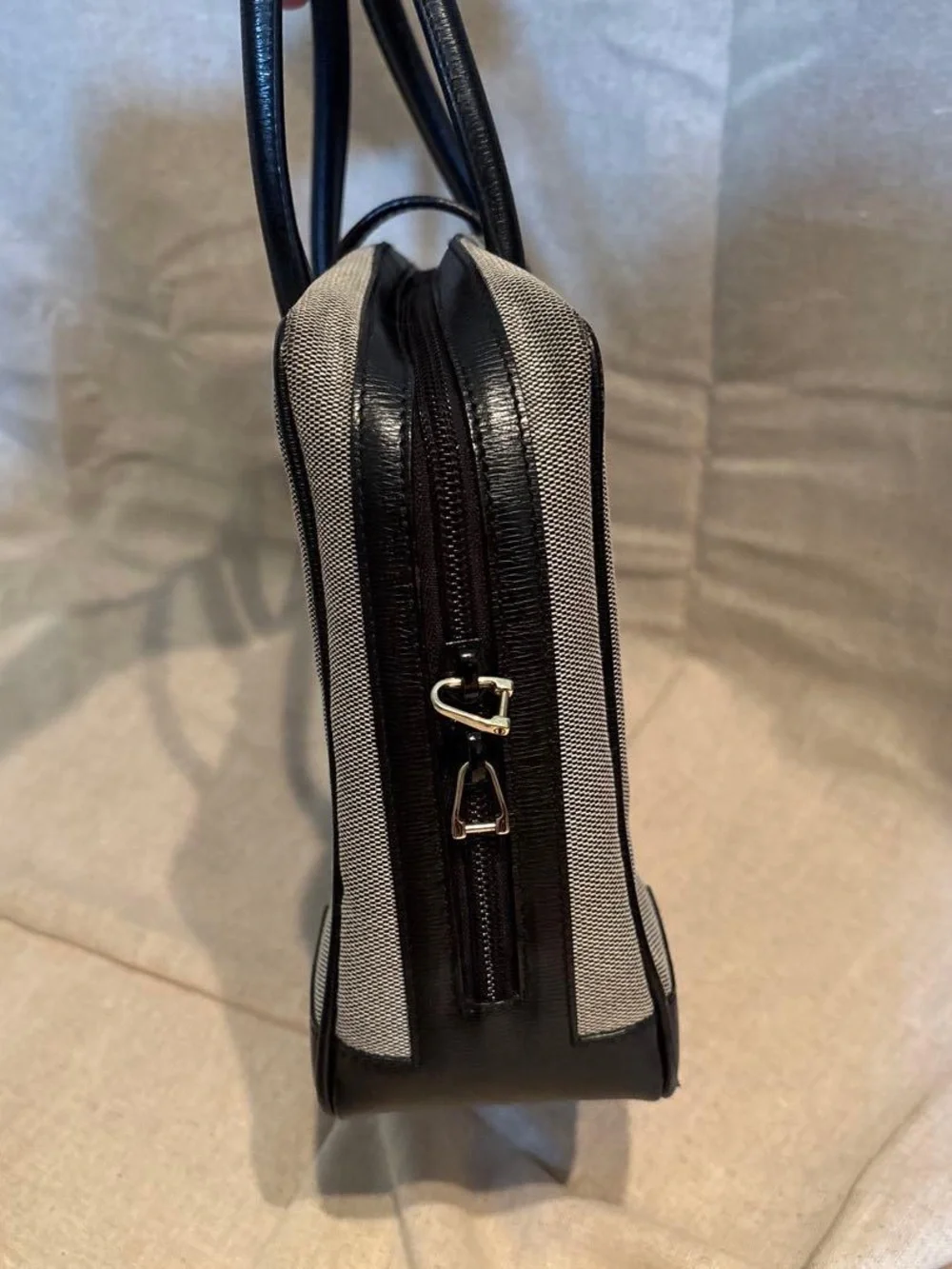 Vintage Gucci Gray Canvas Satchel with Black Leather Trim and Gold Hardware